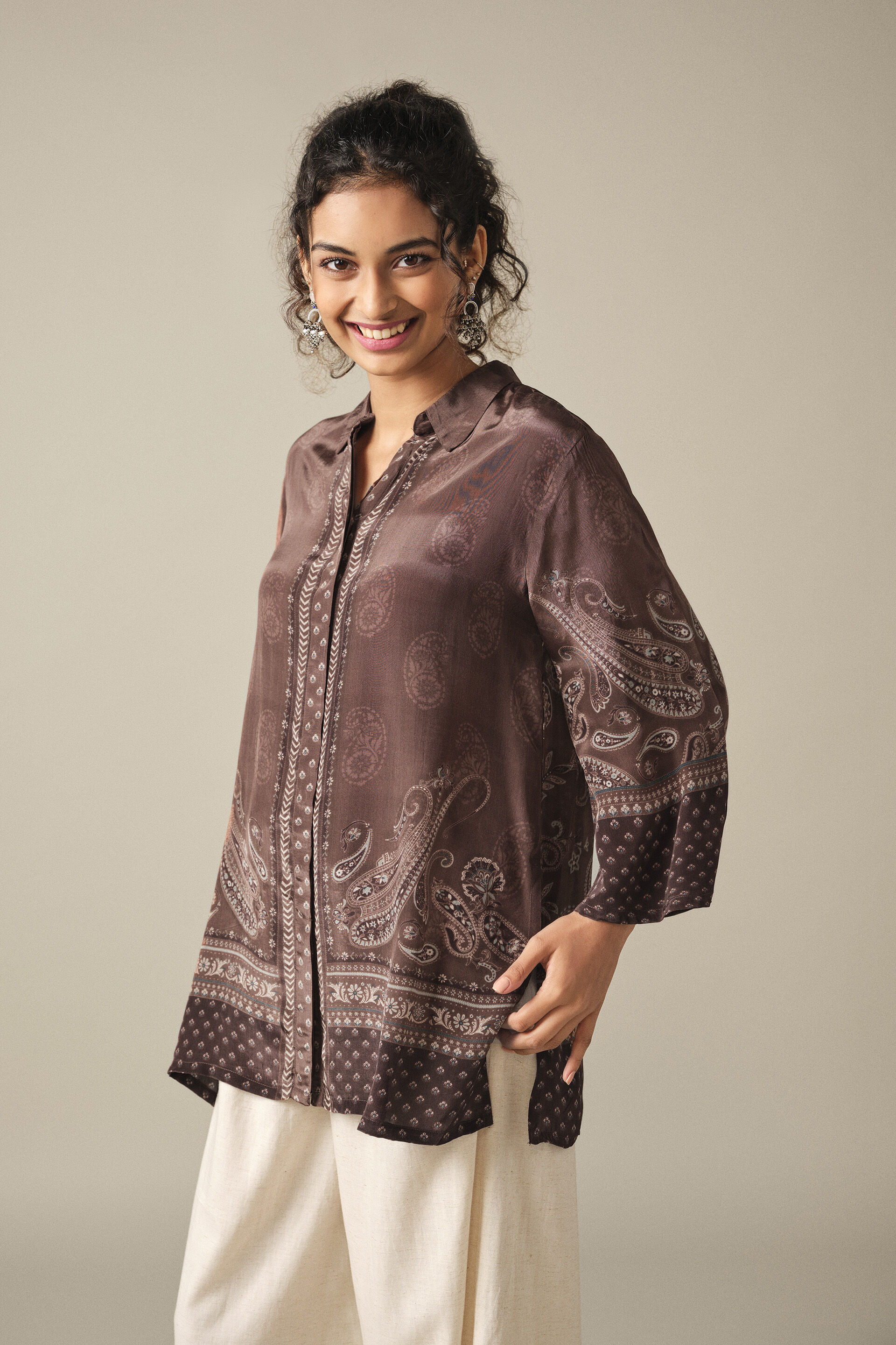 Paisley Printed Relaxed Shirt in Brown, Brown, image 3